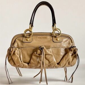 Miu Miu Beige Leather Satchel with Gold Accents